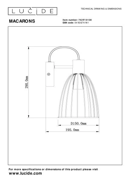 Lucide MACARONS - Lámpara de pared - 1xE27 - Negro - técnico